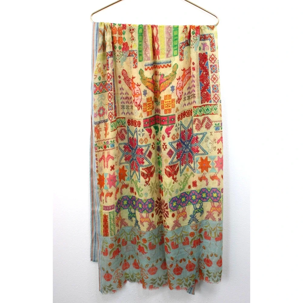 Oversized Boho Patchwork Print Scarf Woven Artsy Folk Shawl Wrap 31